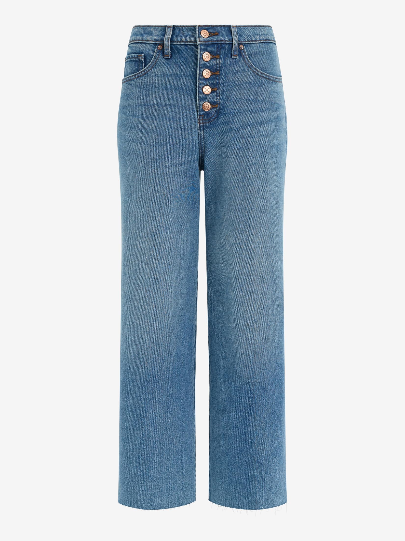 EXPRESS Women’s Wide-Leg Ankle Jeans – High Waisted Stretch Denim with Raw Hem Detail – Medium Wash - Image 7